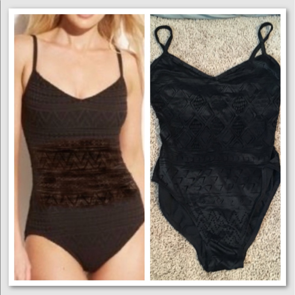 Liz Claiborne Black One Piece SwimSuit Crochet lace pattern Built-in Pad Size 10